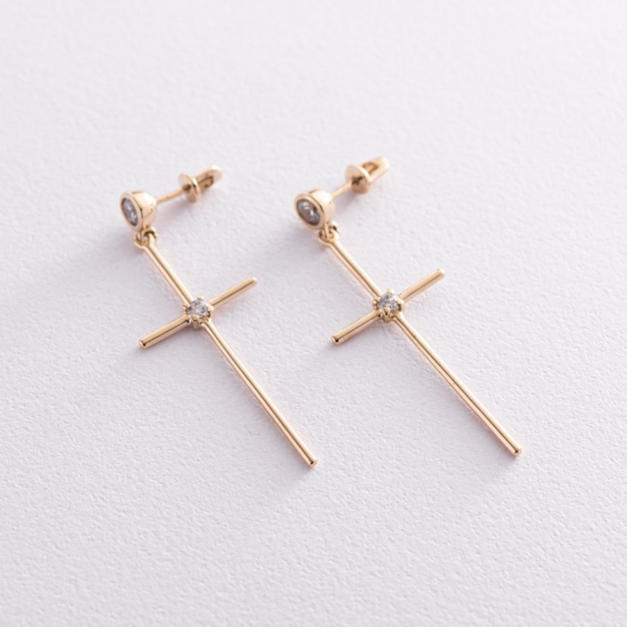 Серьги - пусеты "Кресты" в желтом золоте (фианиты) с07369