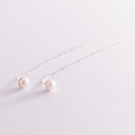 Срібні сережки - протяжки з перлами 123104