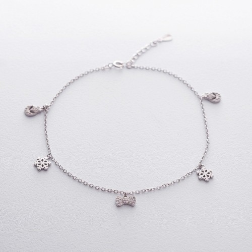 Срібний браслет на ногу з фіанітами 14932