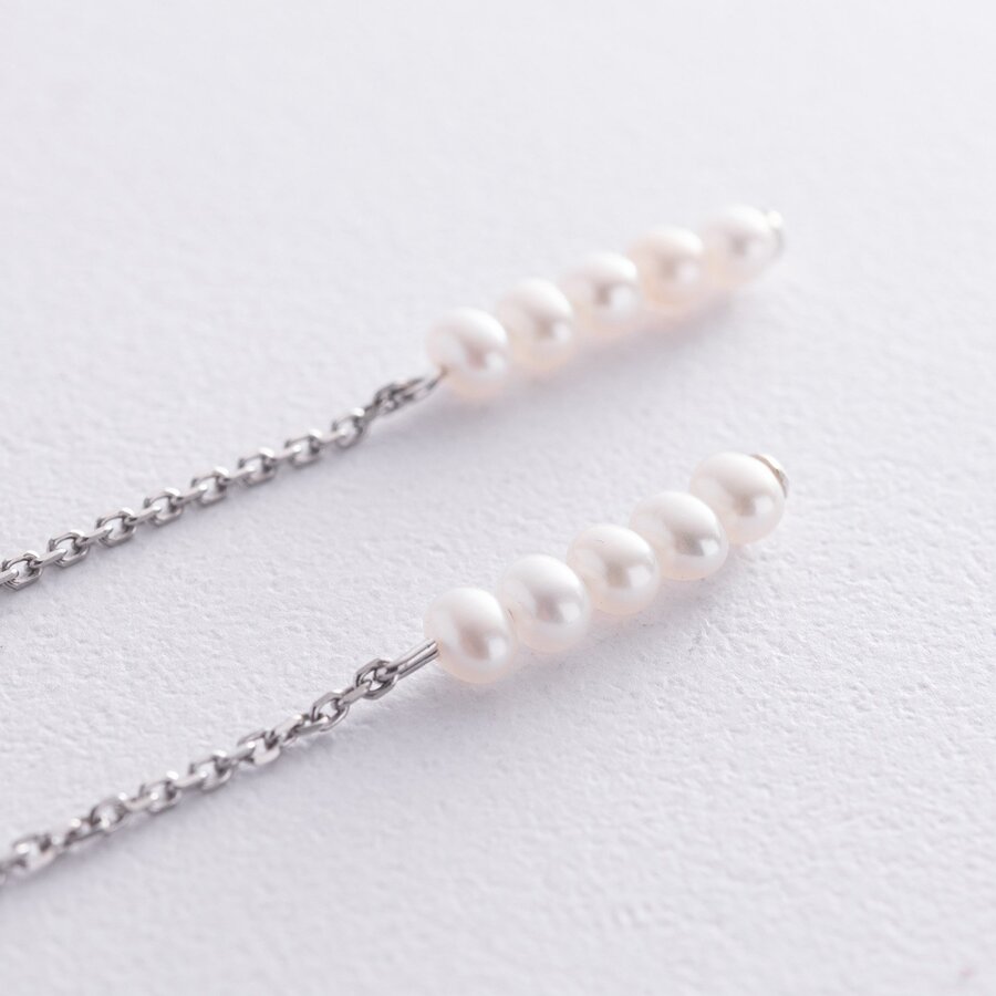 Срібні сережки - пусети з перлами на ланцюжку 2339/1р-PWT