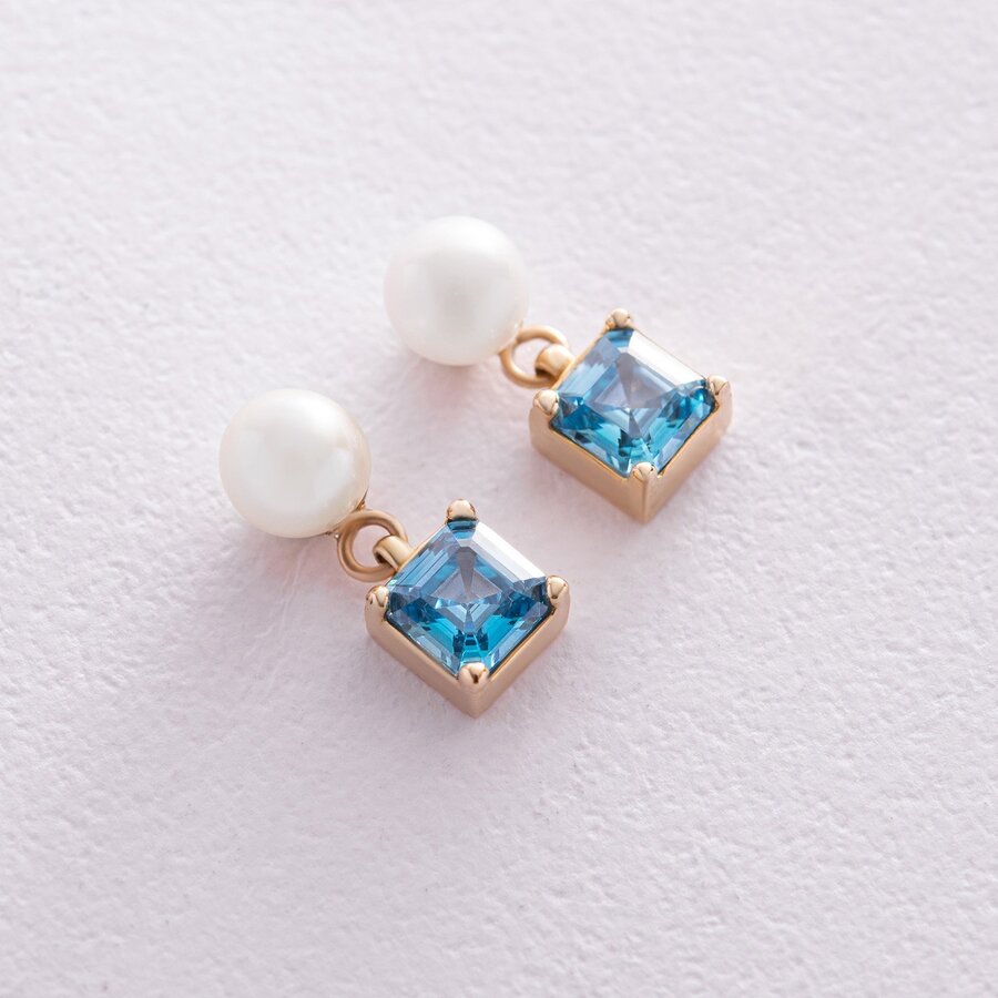 Золоті сережки - пусети "Альма" (блакитні фіаніти, перли) с08253