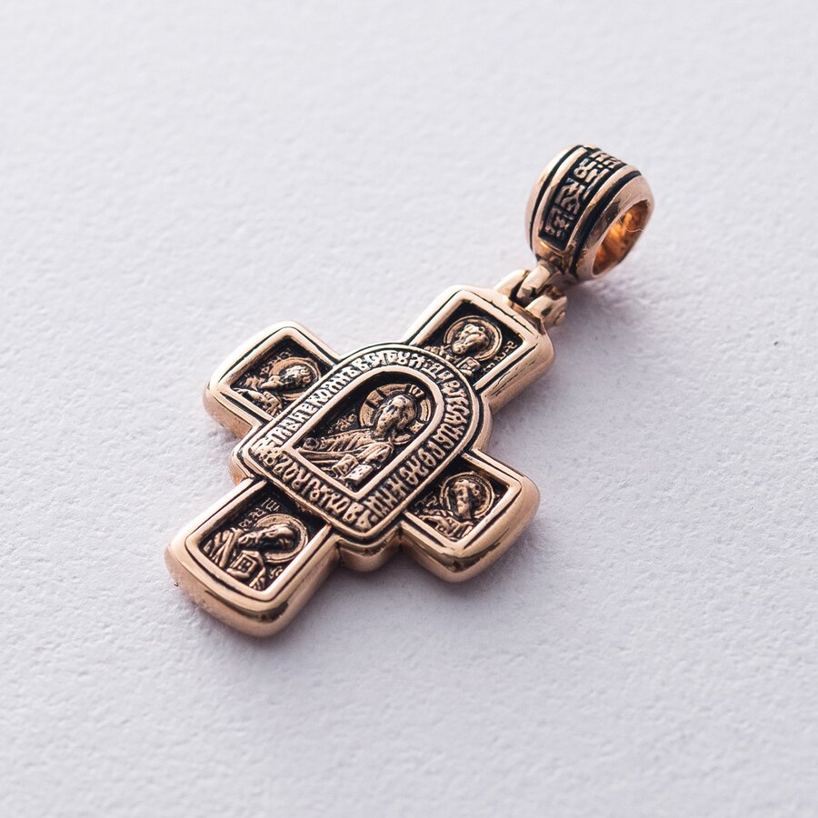Золотий православний хрест "Господь Вседержитель. Іверська ікона Божої Матері і вісім святих" п02682