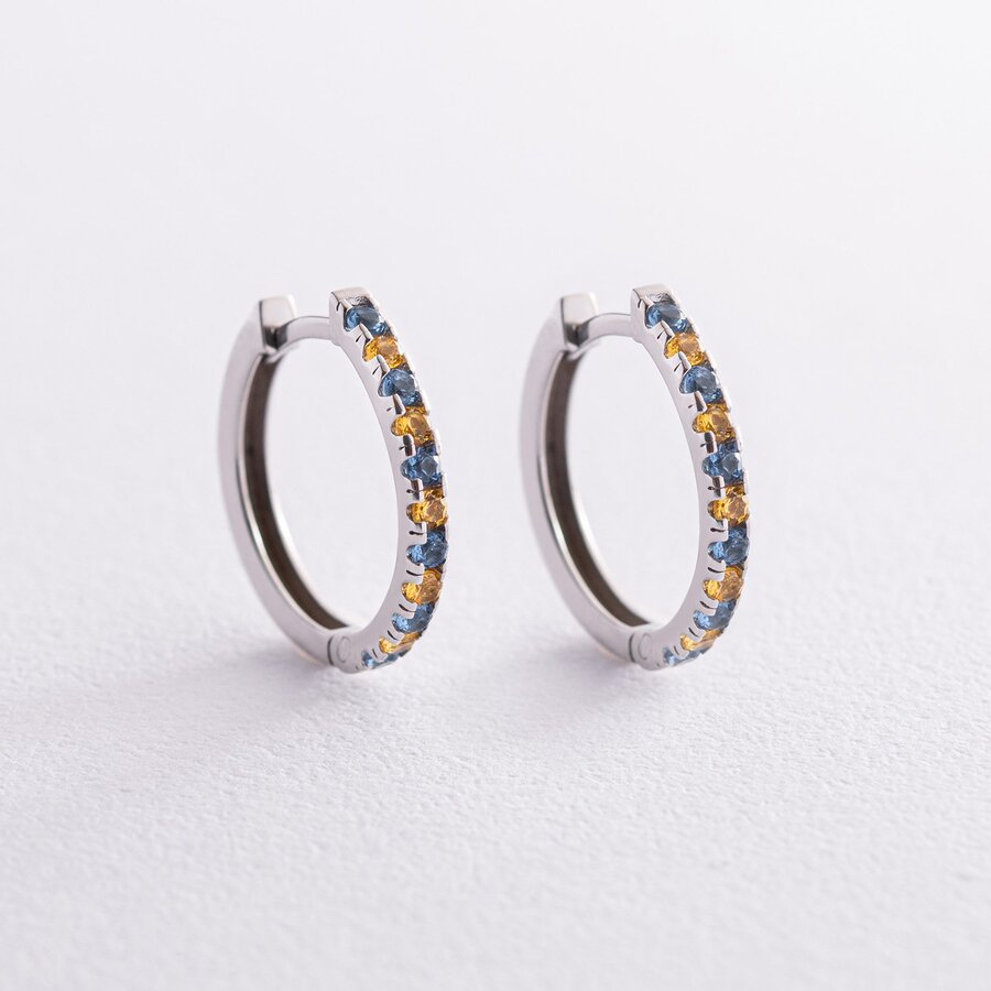 Серебряные серьги - кольца (голубые и желтые камни) 698