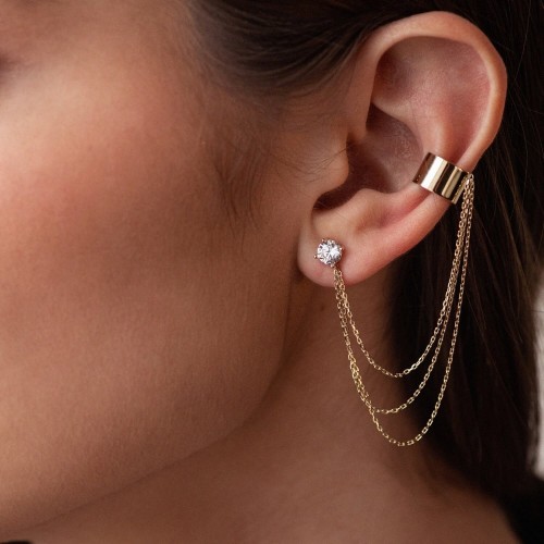 Сережка - каффа "Трініті" в жовтому золоті з ланцюжками (фіаніт) с08041