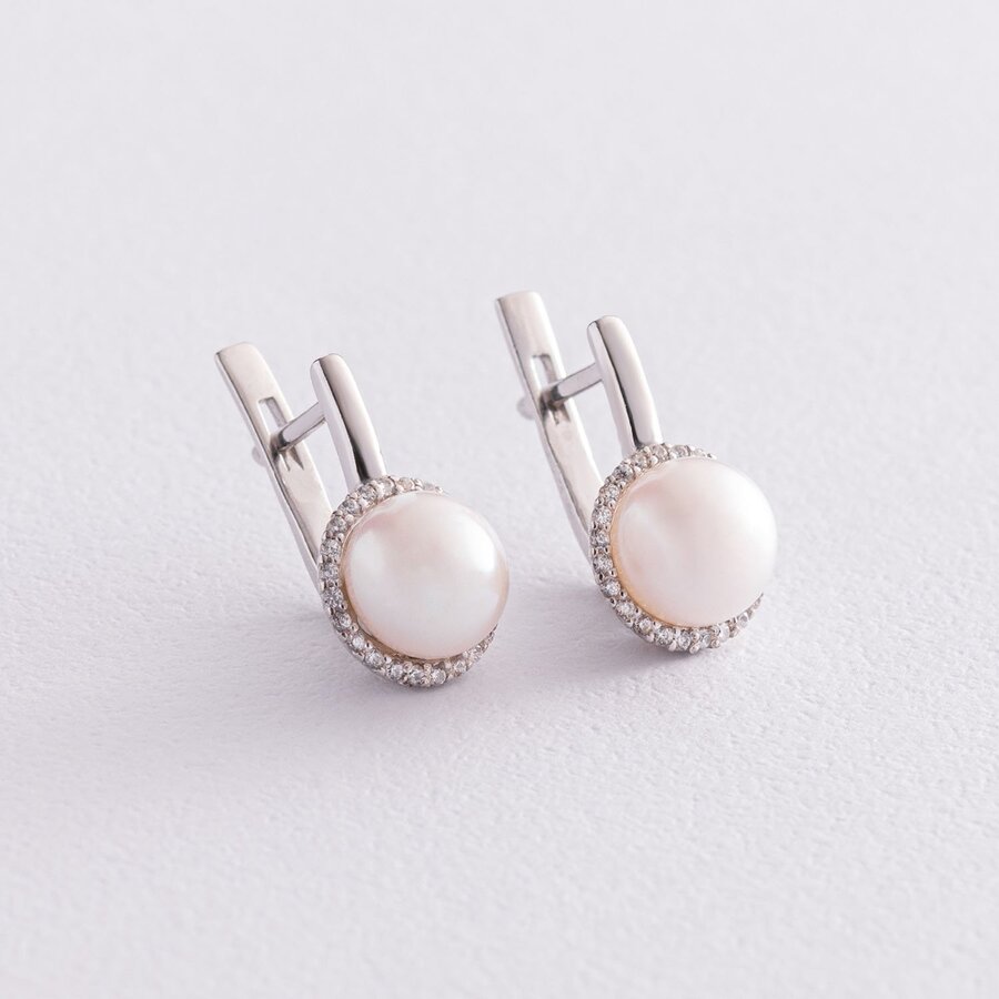 Срібні сережки з перлами і фіанітами 2458/1р-PWT