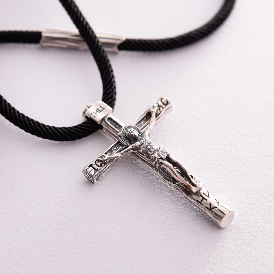 Православный серебряный крест "Распятие. Спаси и Сохрани" на шнурке 847