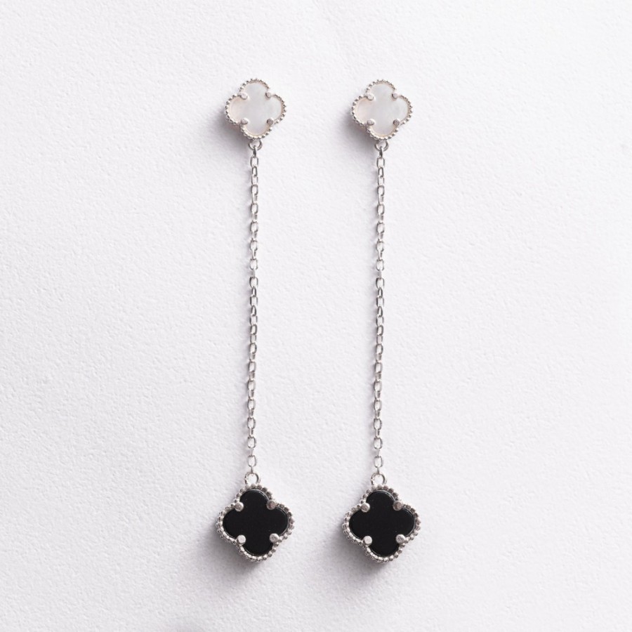 Срібні сережки "Конюшина на ланцюжку" (перламутр, онікс) 123539