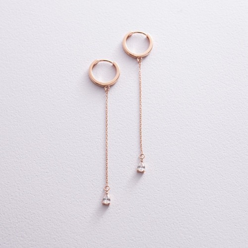 Сережки - кільця "Крапельки" з фіанітами (червоне золото) с08351