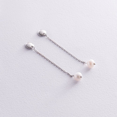 Сережки - пусети "Перлина на ланцюжку" у білому золоті с08302