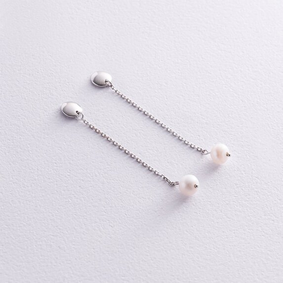 Сережки - пусети "Перлина на ланцюжку" у білому золоті с08302