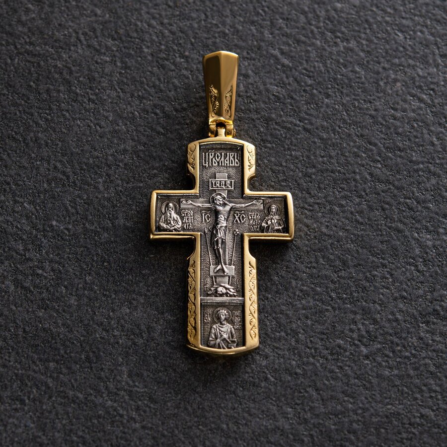 Срібний хрест "Розп'яття Христове. Ікона Божої Матері" з позолотою 132301