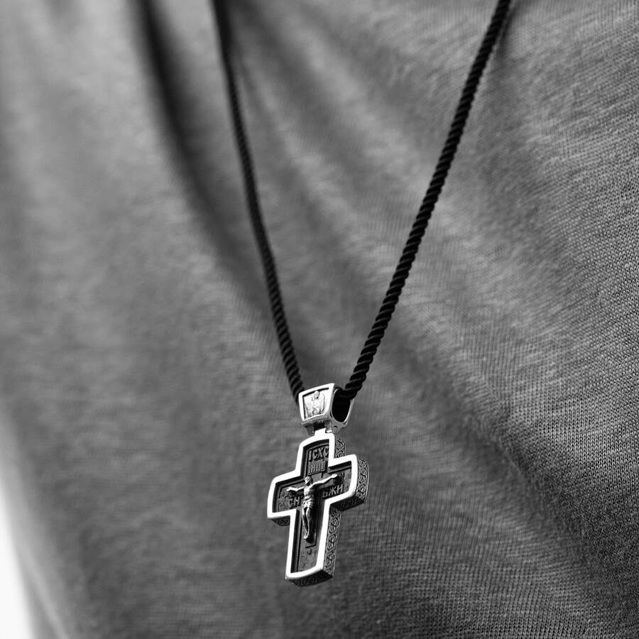 Серебряный крест "Распятие. Спаси и Сохрани" (на укр. языке) с эбеновым деревом mini 1053