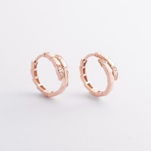 Сережки - кільця "Змії" у червоному золоті (фіаніти) с09455