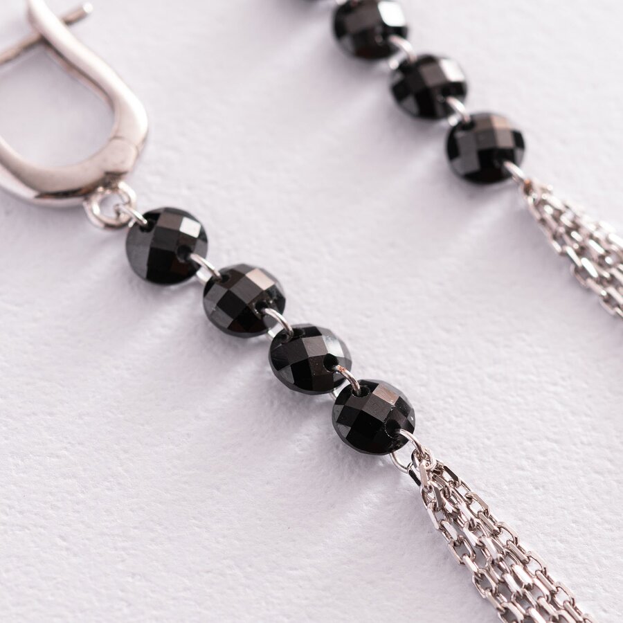 Срібні висячі сережки з чорними каменями 123080
