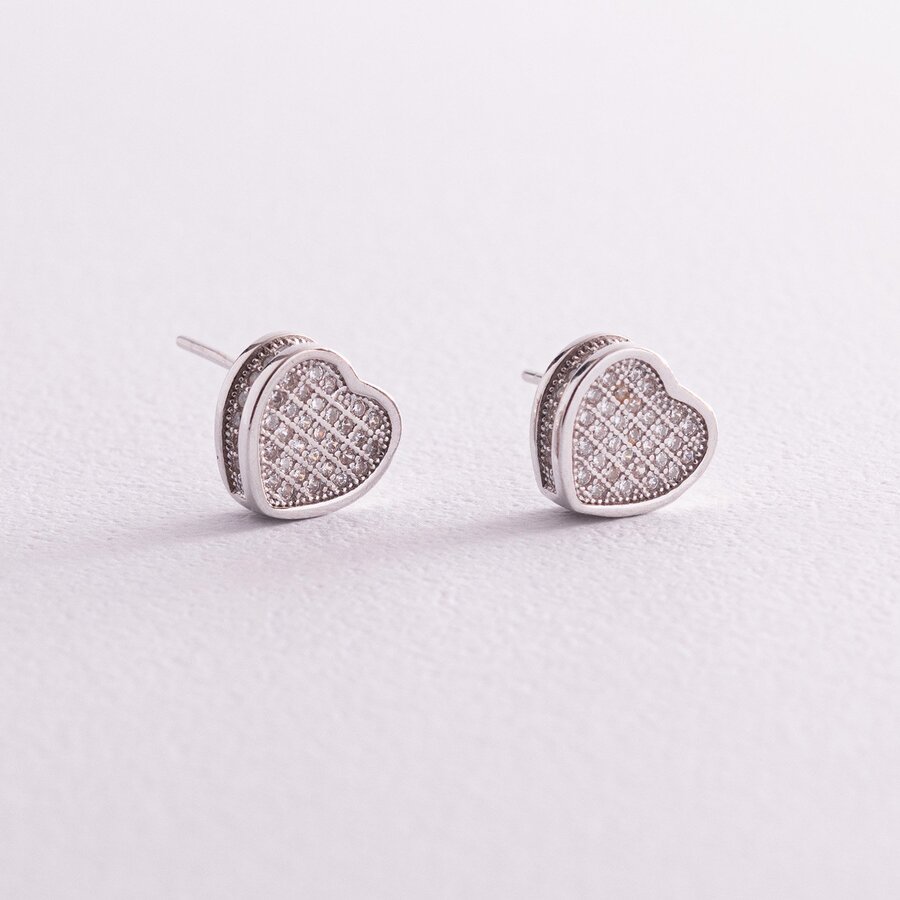 Срібні сережки - пусети "Сердечка" з фіанітами 121661