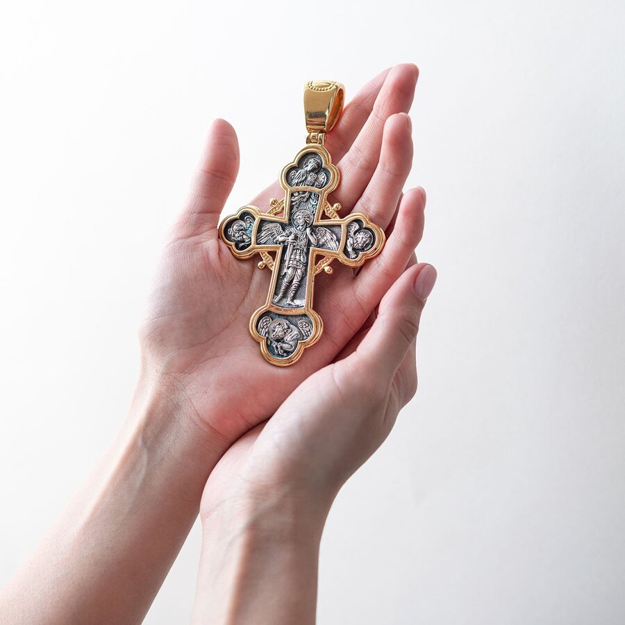 Срібний хрест для священнослужителів "Розп'яття Христове. Архангел Михаїл" 132958b