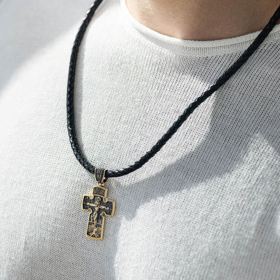 Золотой православный крест "Распятие. Архангел Михаил" с чернением п03873
