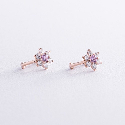 Золотые детские серьги "Цветочки" с розовым фианитом с03531