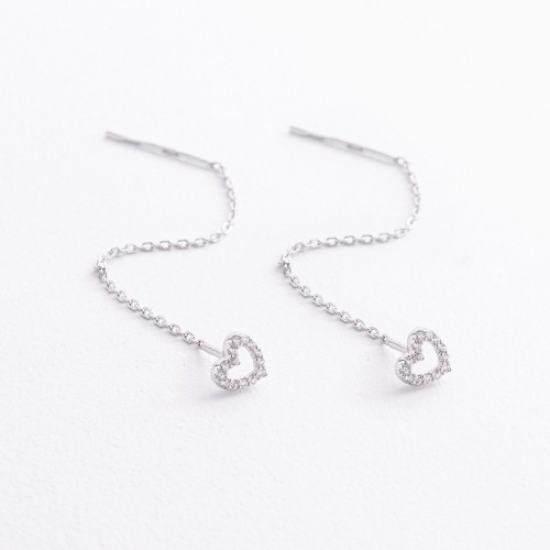 Срібні сережки - протяжки "Сердечки" з фіанітами 902-01587