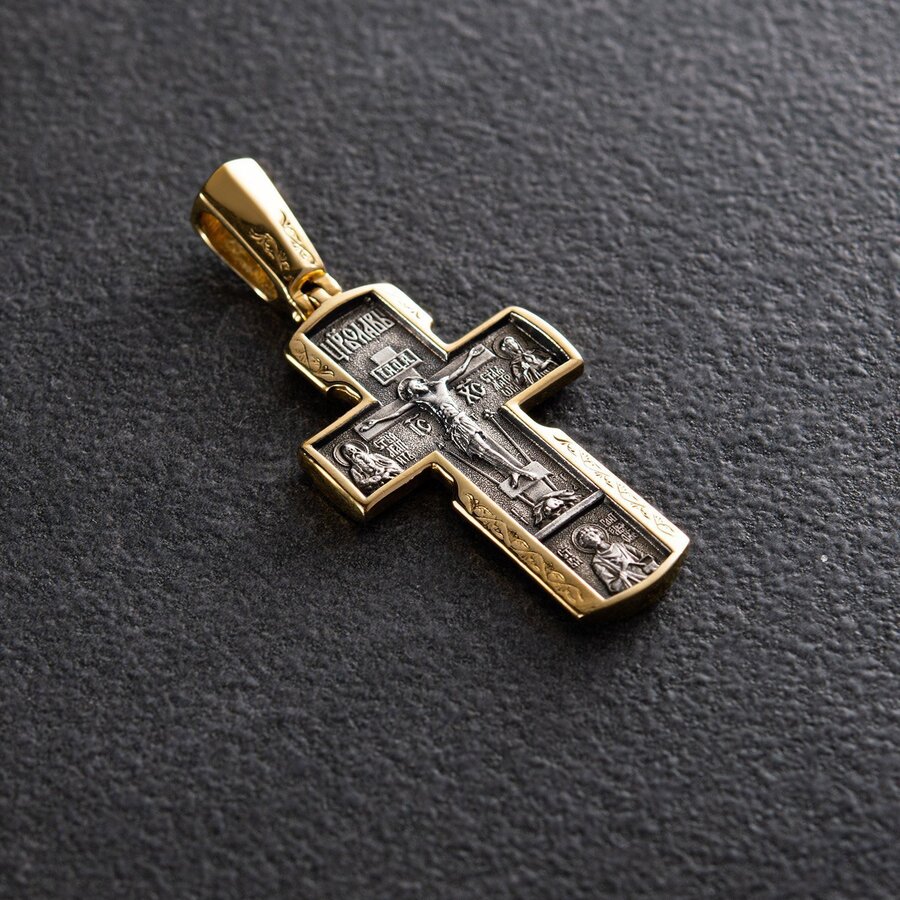 Серебряный крест "Распятие Христово. Икона Божией Матери" с позолотой 132301
