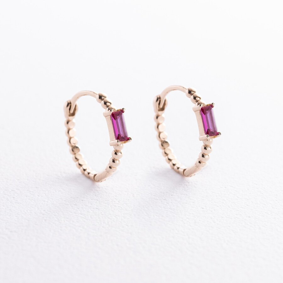 Золоті сережки - кільця "Аннабель" із рожевими фіанітами с08499