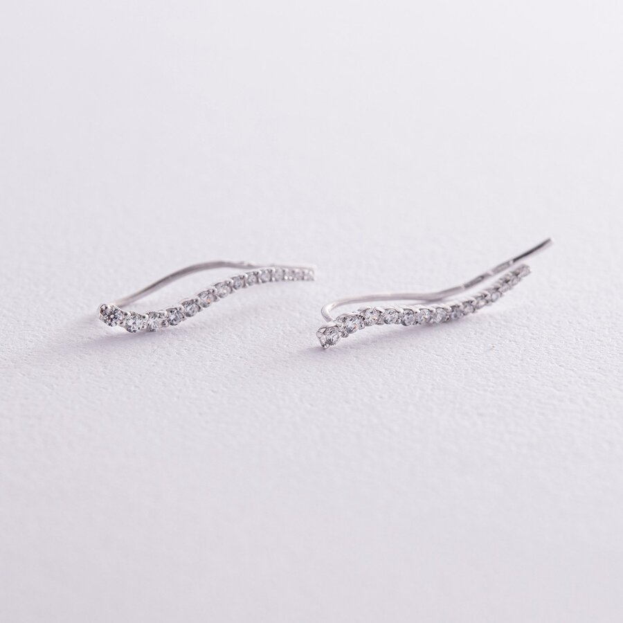 Срібні сережки - клаймбери "Хвиля" з фіанітами 902-01070