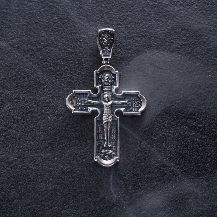 Православний хрест з чорнінням "Розп'яття Христове. Ікона Божої Матері" 133094