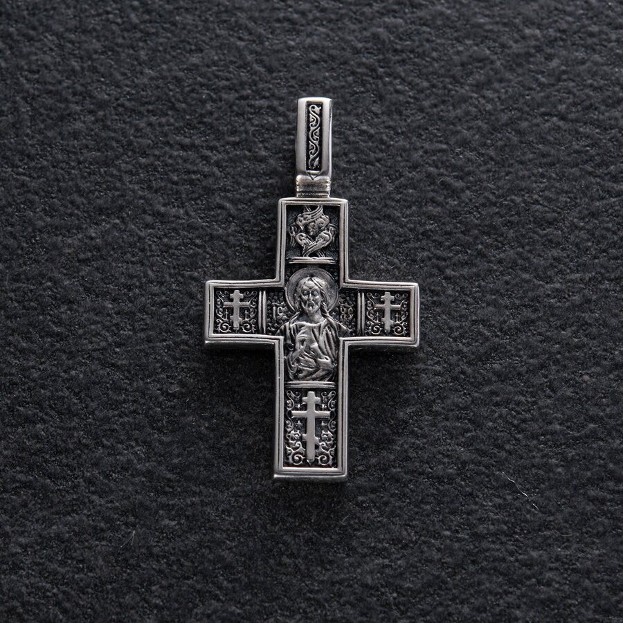 Православный серебряный крест "Господь Вседержитель. Св. мученик Трифон" 133005
