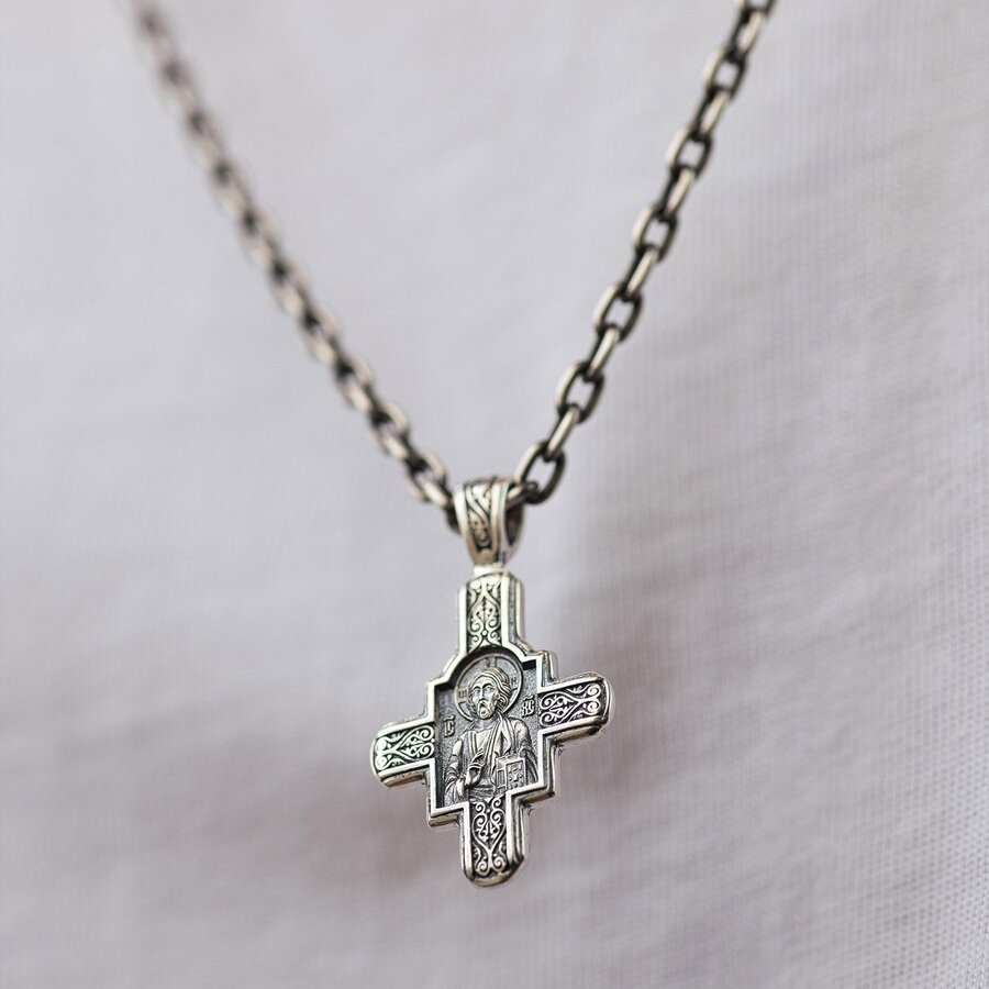 Срібний православний хрестик "Господь Вседержитель. Великомученик Пантелеймон Цілитель" 131922