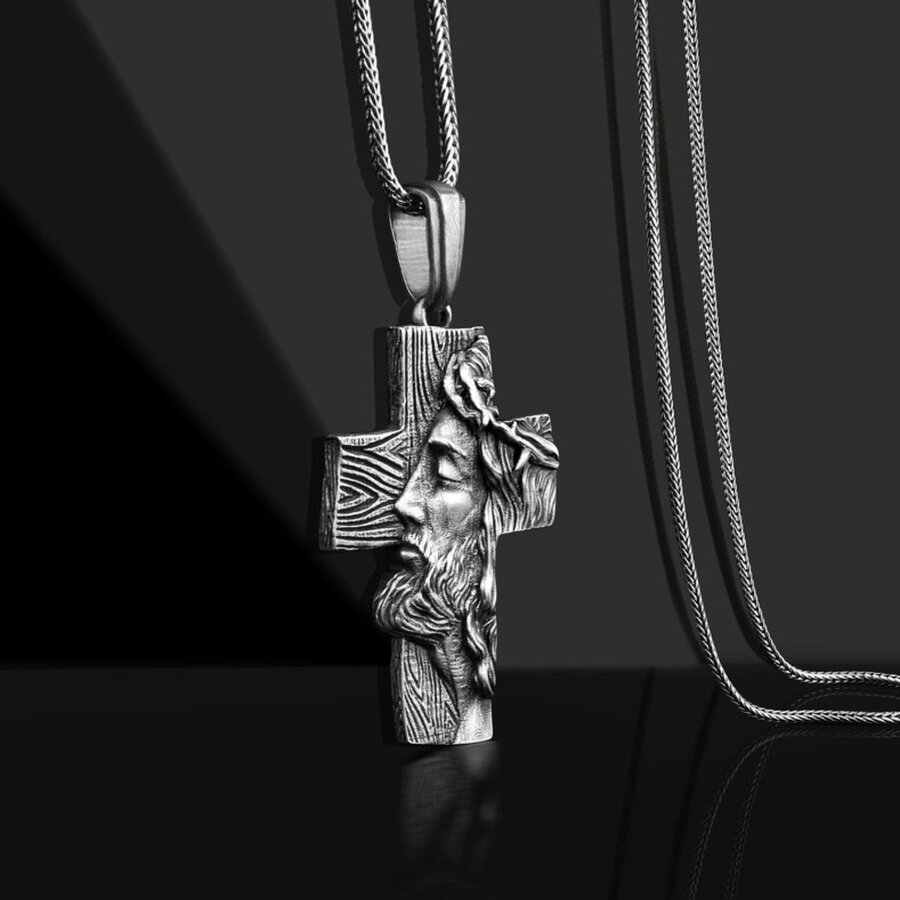 Серебряный крест "Иисус Христом в терновом венце на дереве" 7028