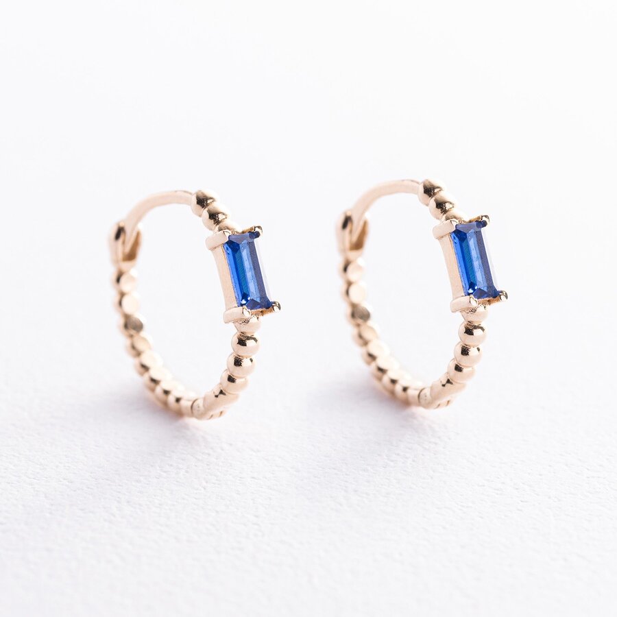 Золоті сережки - кільця " Аннабель" з синіми фіанітами с08498