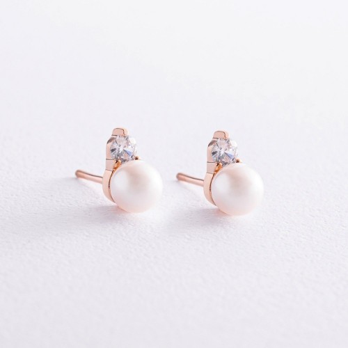 Золотые серьги - пусеты с жемчугом и фианитами с07952