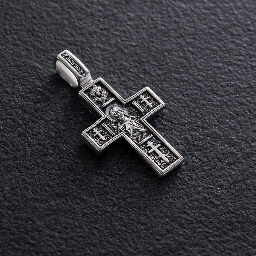 Православный серебряный крест "Господь Вседержитель. Св. мученик Трифон" 133005