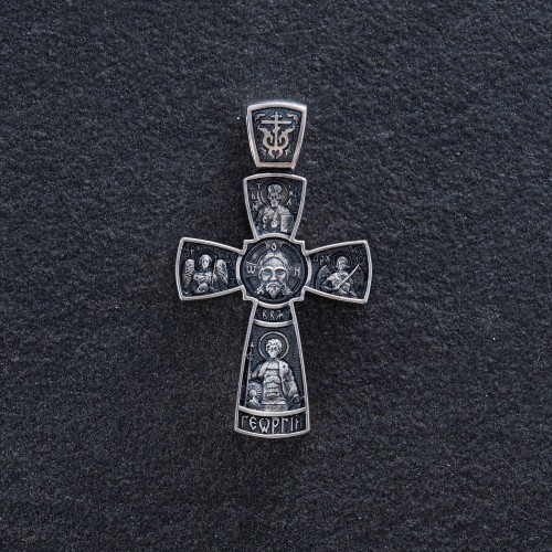 Серебряный православный крест с чернением  "Спас Нерукотворный с предстоящими" 132558