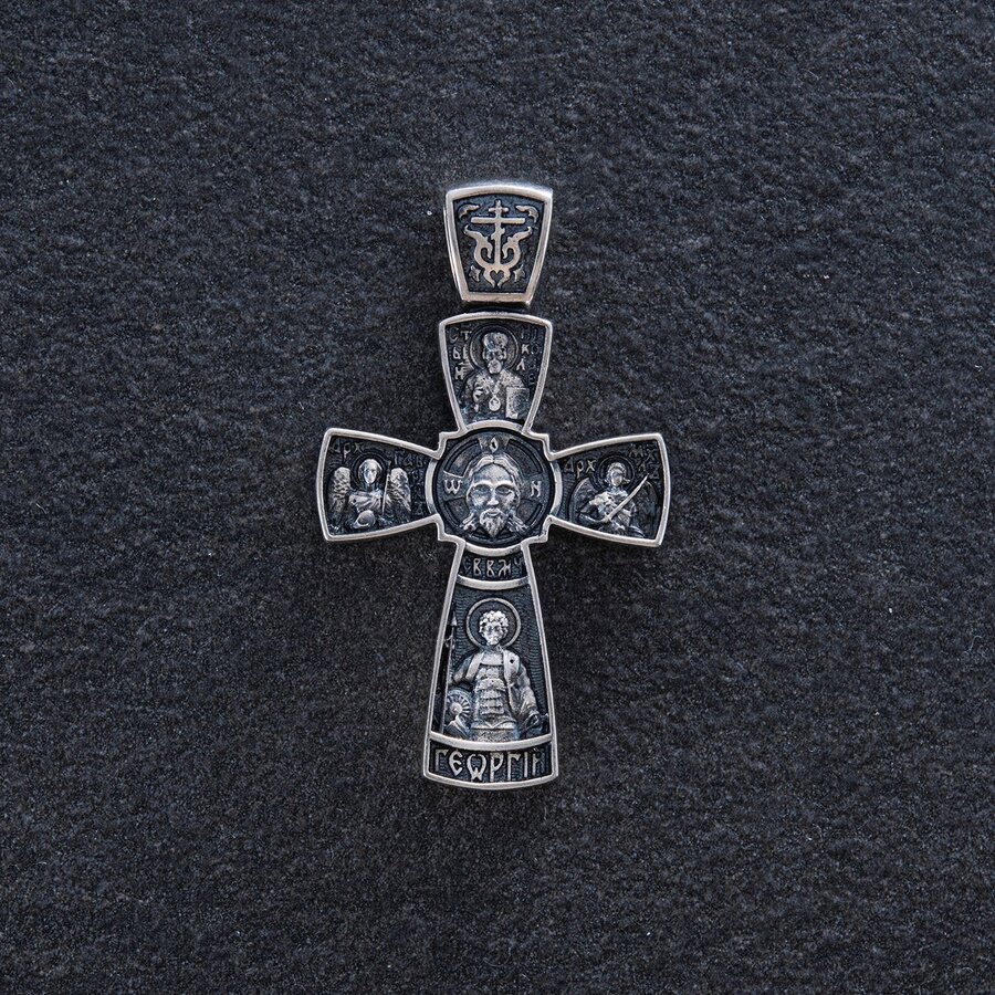 Серебряный православный крест с чернением  "Спас Нерукотворный с предстоящими" 132558