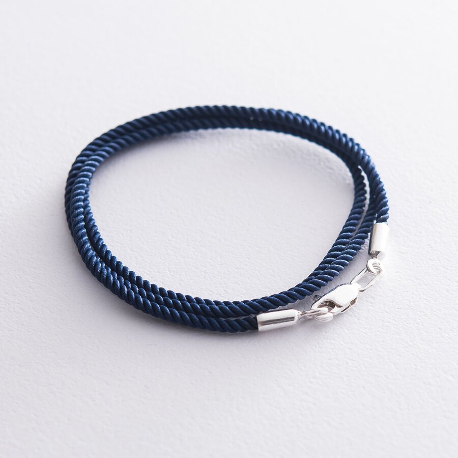Шелковый синий шнурок с гладкой серебряной застежкой (2мм) 18496