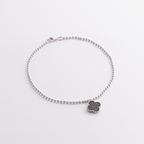 Серебряный браслет "Клевер" на ногу (черные фианиты) 141848